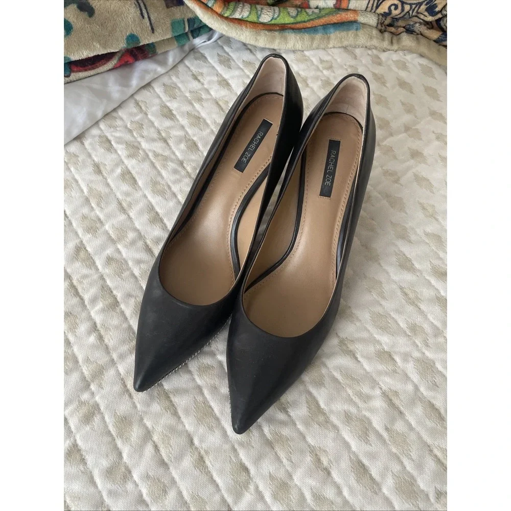Rachel Zoe‎ Heels Size 9.5 Black Leather Pointed Stiletto Pump Silver Trim